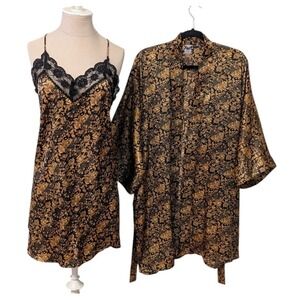 Vintage Sedu Gold Black Baroque Paisley Satin Chemise Nightgown & Robe Set LG